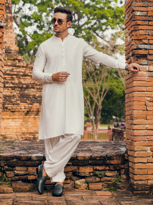 White Blended Kameez Shalwar - AL-KS-2921