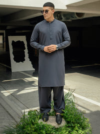 Charcoal Grey Blended Kameez Shalwar - AL-KS-2926