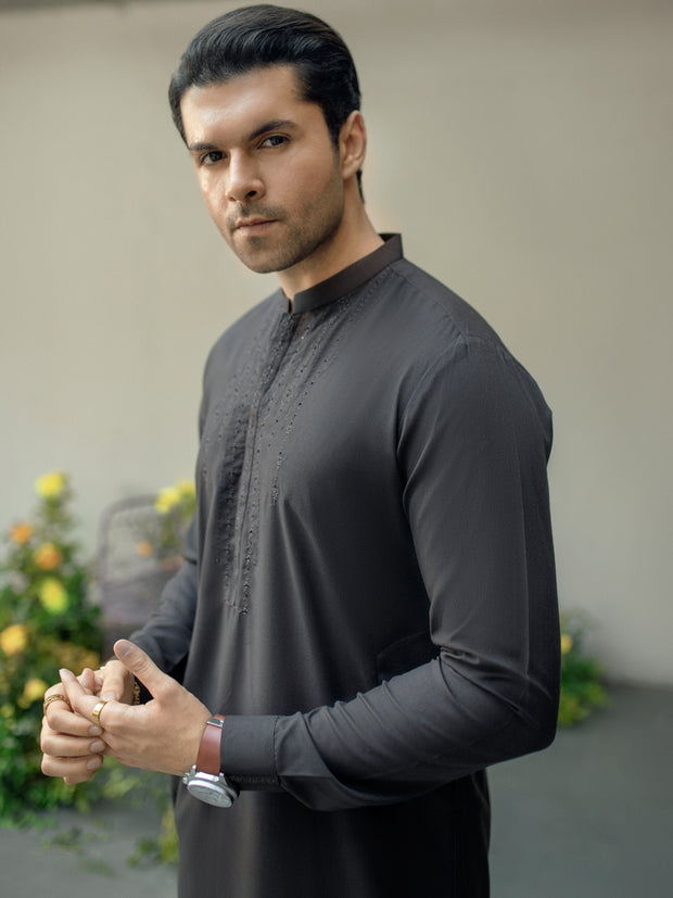 Dark Brown Blended Kameez Shalwar - AL-KS-2927