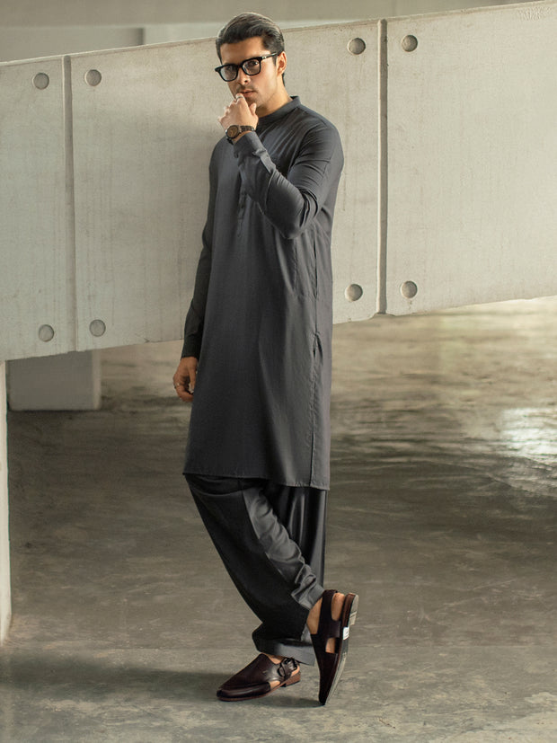 Charcoal Grey Blended Kameez Shalwar - AL-KS-2950