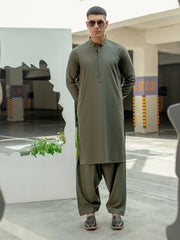 Olive Green Blended Kameez Shalwar - AL-KS-2954D