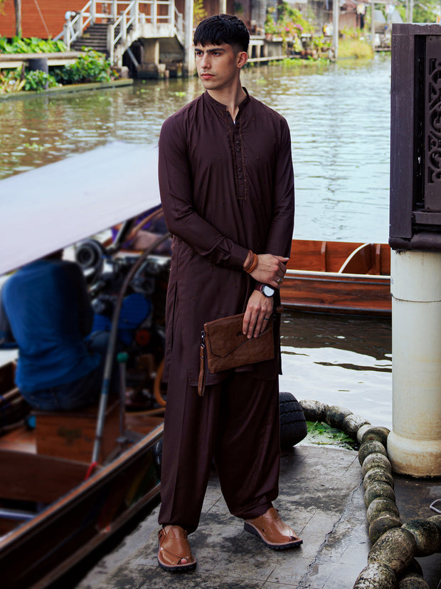 Dark Brown Blended Kameez Shalwar - AL-KS-2958 - Almirah Online