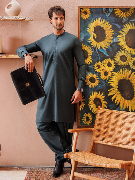 Green Blended Kameez Shalwar - AL-KS-2987 - Almirah Online