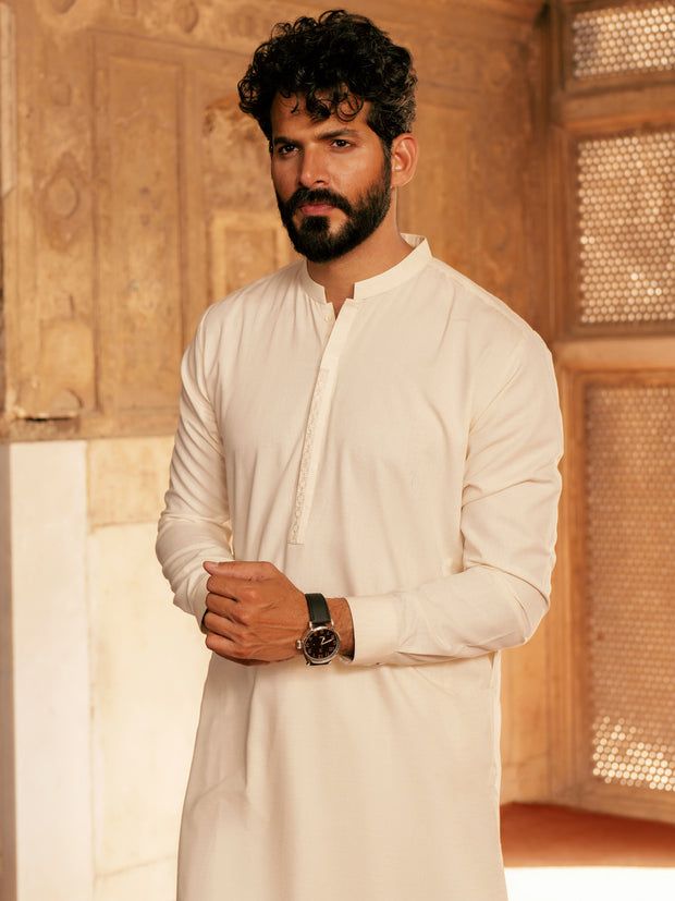 Off White Blended Kameez Shalwar - AL-KS-3048 - Almirah Online