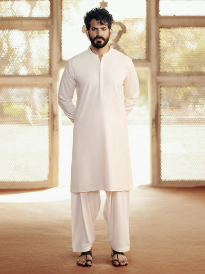 Off White Blended Kameez Shalwar - AL-KS-3048 - Almirah Online