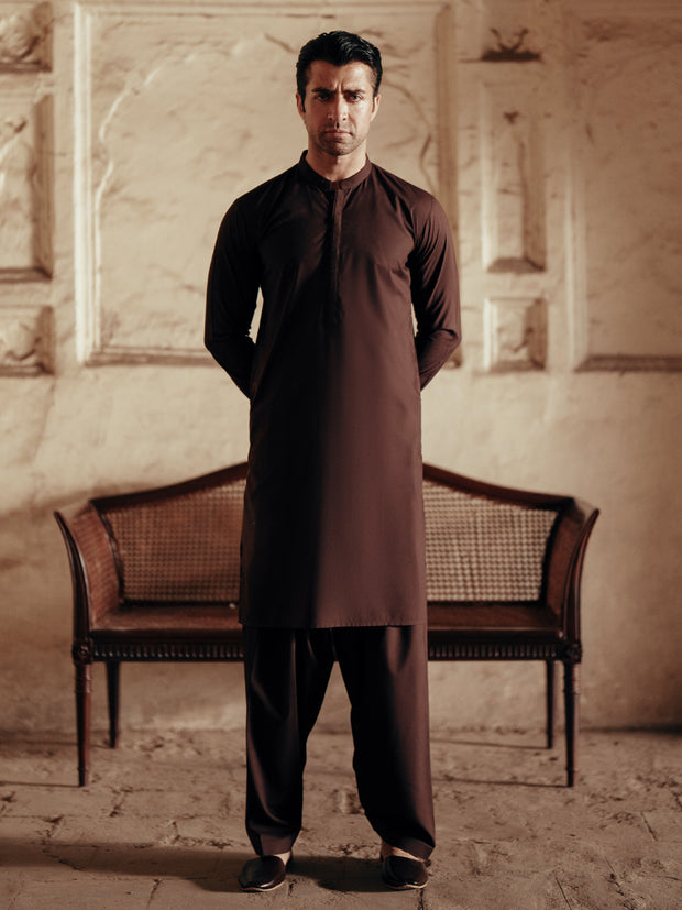 Dark Brown Blended Kameez Shalwar - AL-KS-3084 - Almirah Online