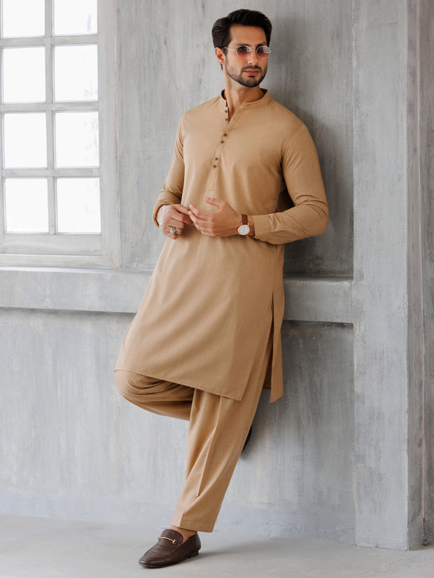 Camel Brown Blended Kameez Shalwar - AL-KS-3110