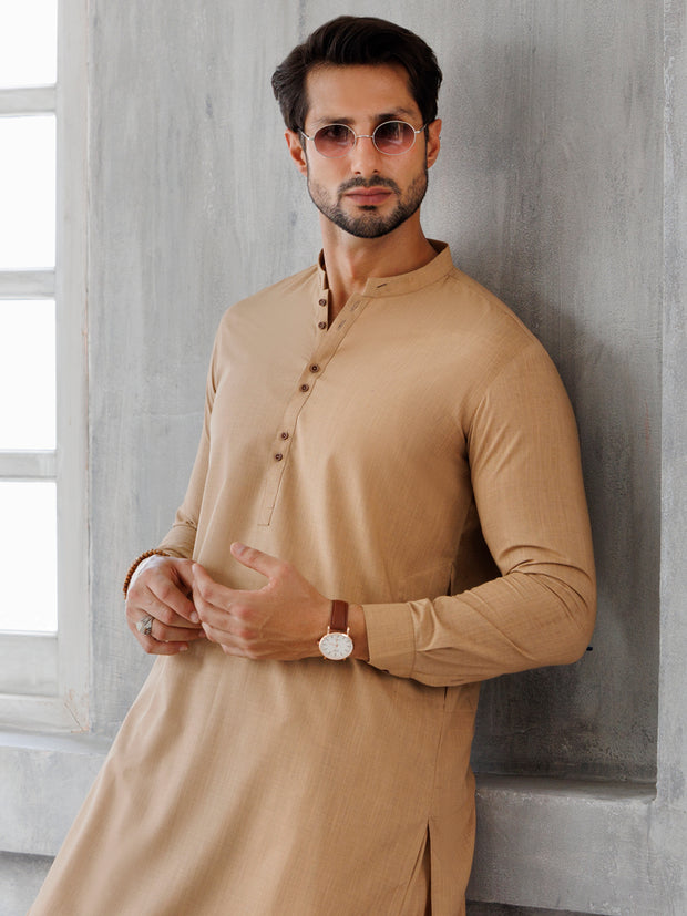 Camel Brown Blended Kameez Shalwar - AL-KS-3110