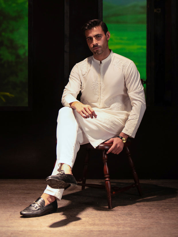 White Blended Kurta Trouser - AL-KT-3126A