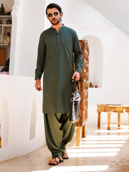 Bottle Green Blended Kameez Shalwar - AL-KS-3149
