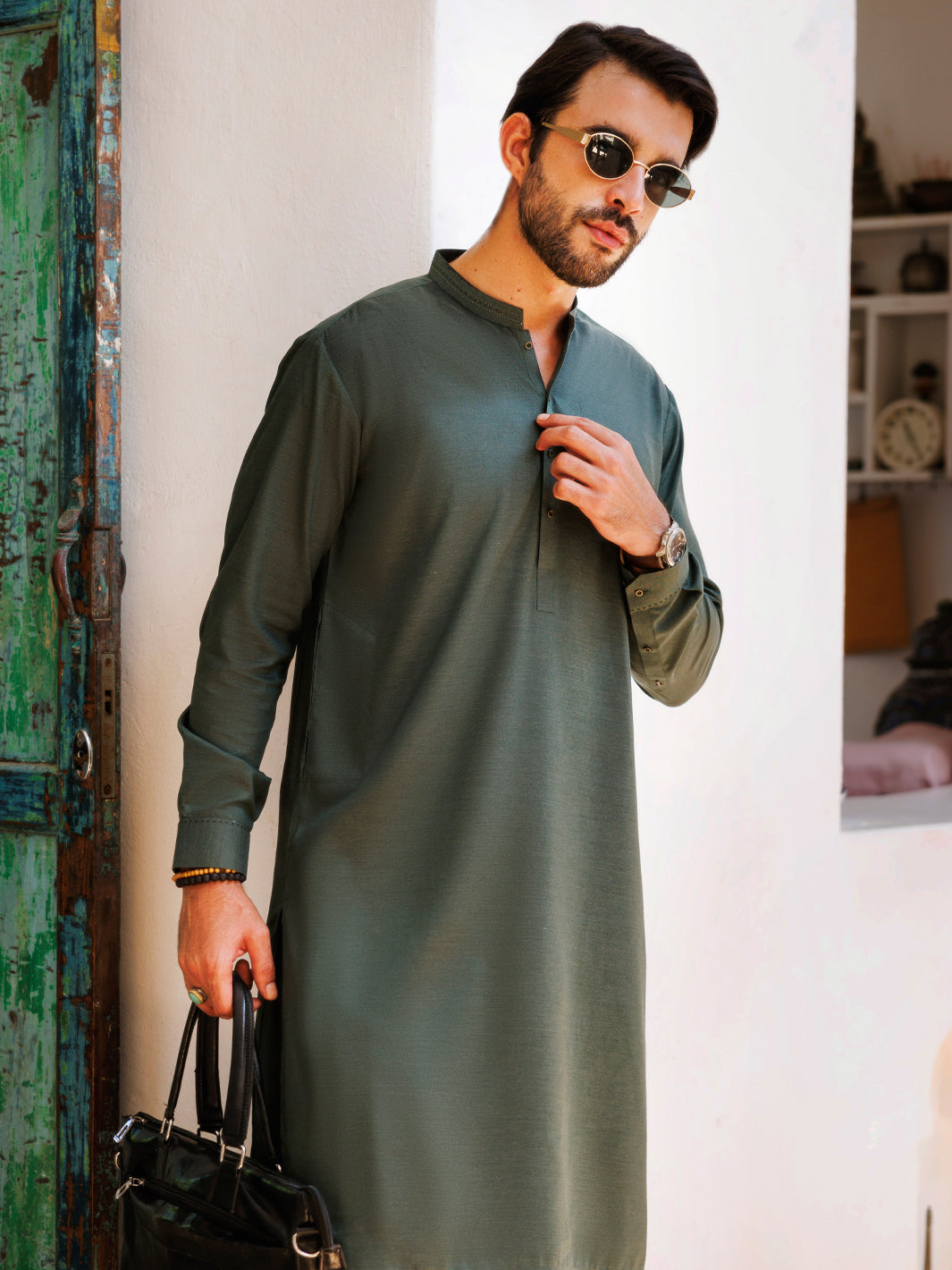 Bottle Green Blended Kameez Shalwar - AL-KS-3149