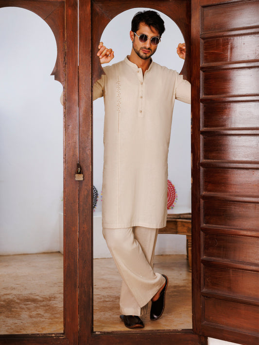 Beige Blended Kurta Trouser - AL-KT-3158