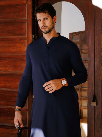 Navy Blue Blended Kameez Shalwar - AL-KS-3177