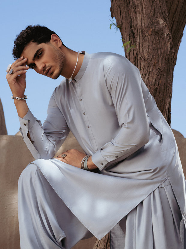 Light Grey Blended Kameez Shalwar - AL-KS-3207