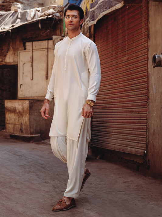 Off White Blended Kameez Shalwar - AL-KS-3212B