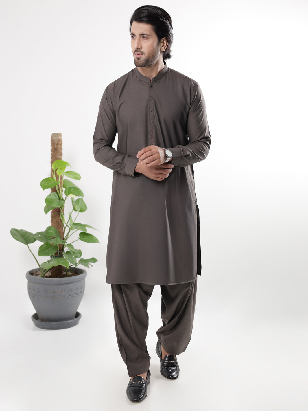 Dark Brown Blended Kameez Shalwar - AL-KS-3225A