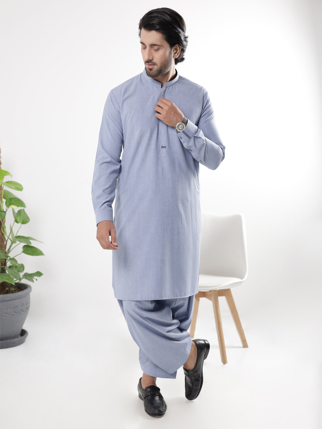 Light Blue Blended Kameez Shalwar - AL-KS-3229