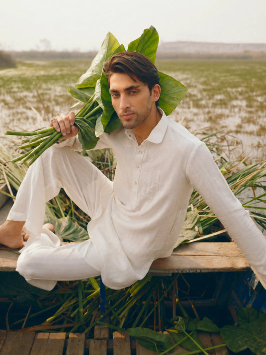 White Cotton Semi-Formal Kurta Trousers - AL-KT-3366