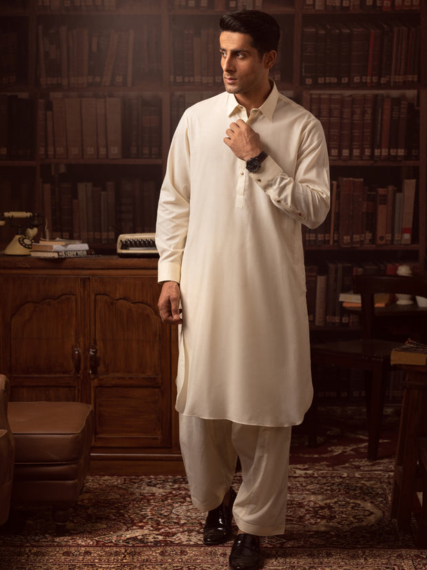 Off White Blended Kameez Shalwar - ALWA-KS-396