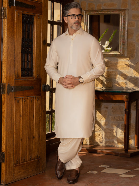 Cream Cotton Kameez Shalwar - ALWA-KS-439 - Almirah Online