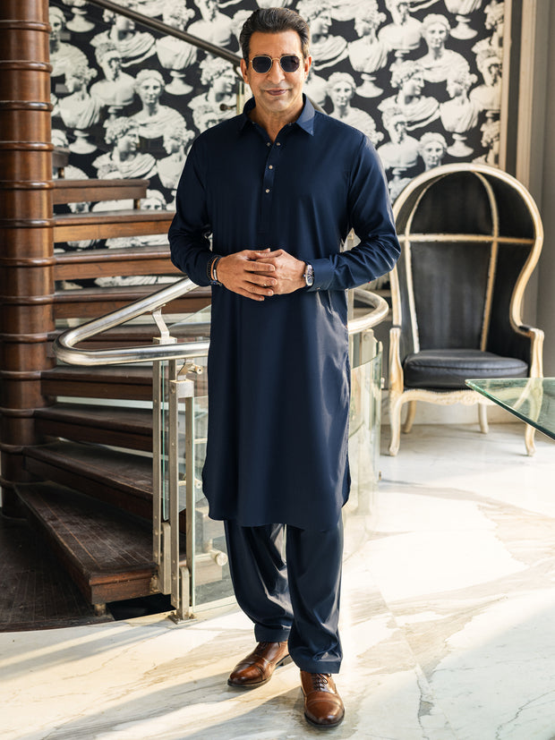 Navy Blue Cotton Kameez Shalwar - ALWA-KS-441 - Almirah Online