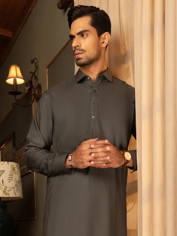 Dark Green Cotton Kameez Shalwar - ALWA-KS-443 - Almirah Online