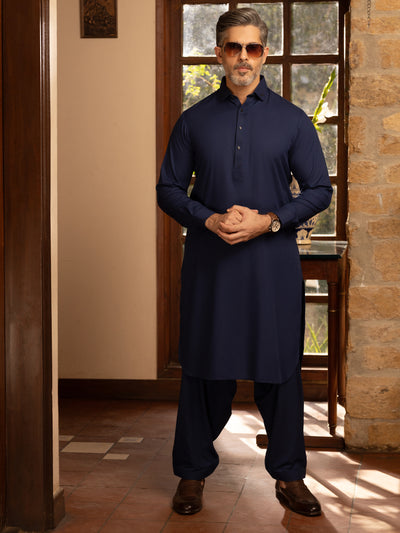 Navy Blue Blended Kameez Shalwar - ALWA-KS-448 - Almirah Online