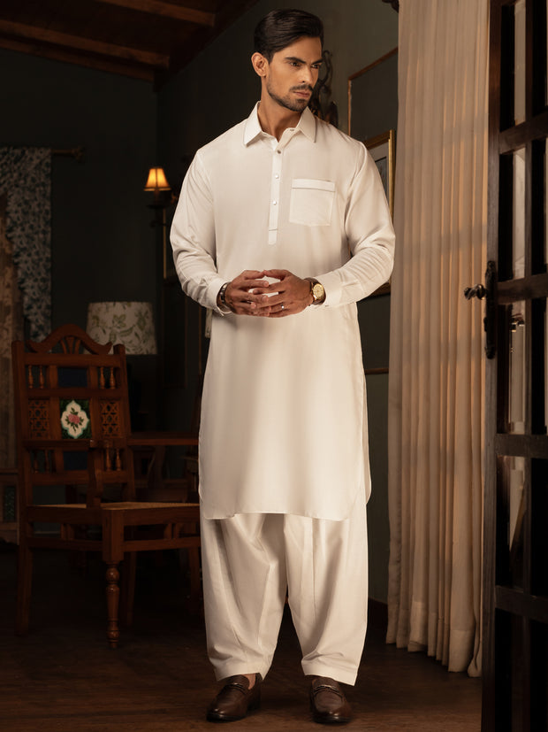 White Blended Kameez Shalwar - ALWA-KS-452 - Almirah Online