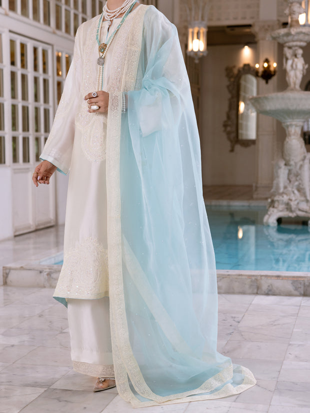 Off White Sheesha Silk Formal 3 Piece Stitched - AL-3PS-LS-459