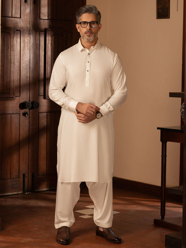 White Blended Kameez Shalwar - ALWA-KS-461 - Almirah Online