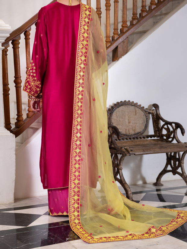 Fuchsia Sheesha Silk Formal 3 Piece Stitched - AL-3PS-LS-461