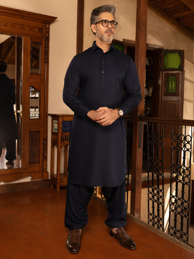 Navy Blue Blended Kameez Shalwar - ALWA-KS-467 - Almirah Online