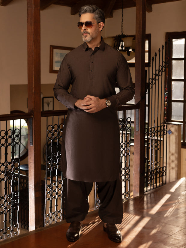 Brown Cotton Kameez Shalwar - ALWA-KS-472 - Almirah Online