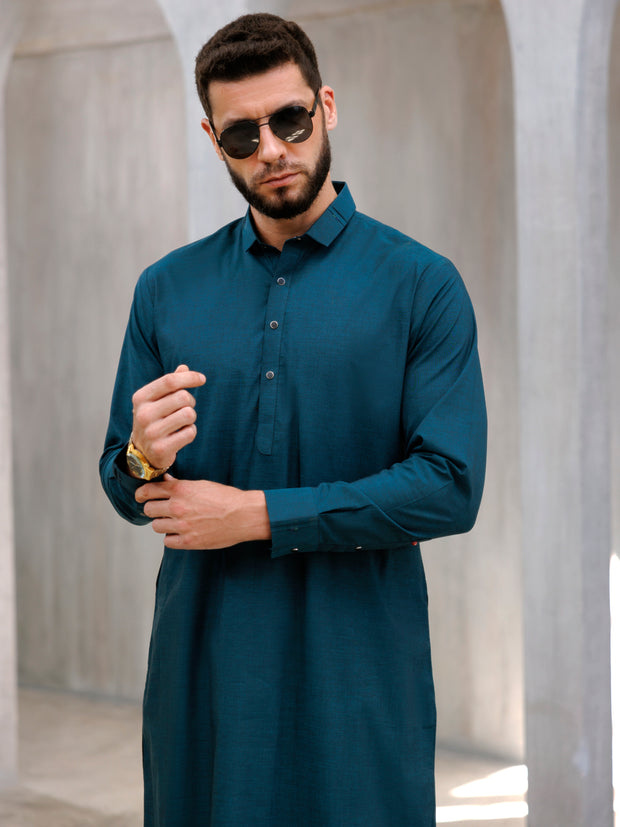 Dark Teal Cotton Kameez Shalwar - ALWA-KS-476