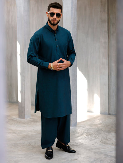 Dark Teal Cotton Kameez Shalwar - ALWA-KS-476