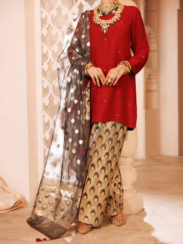 Maroon Silk Formal 3 Piece Stitched - AL-3PS-LS-484