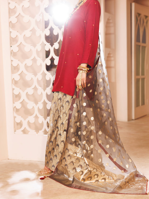 Maroon Silk Formal 3 Piece Stitched - AL-3PS-LS-484