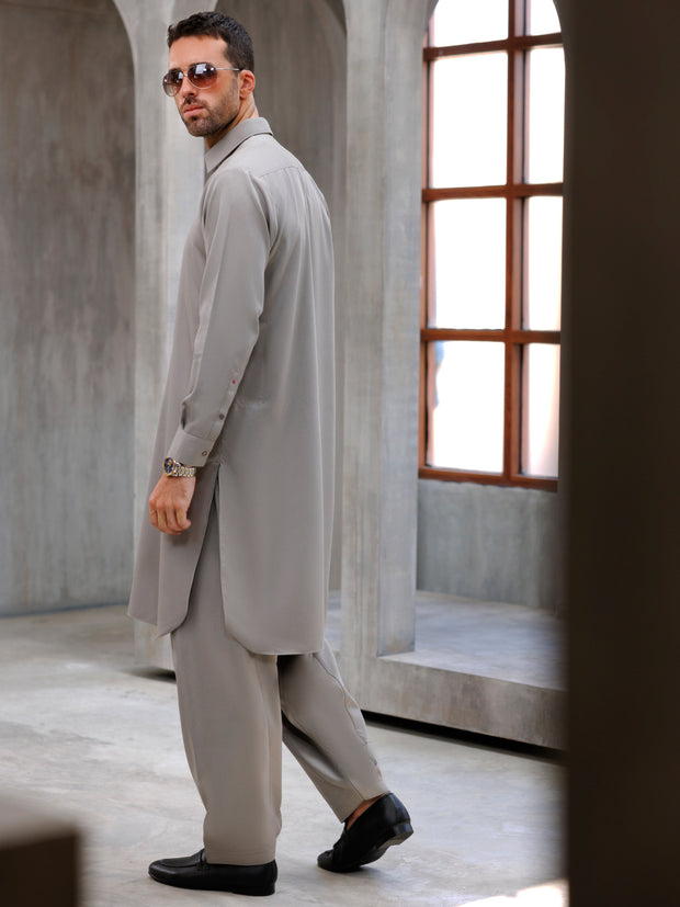 Light Grey Blended Kameez Shalwar - ALWA-KS-494