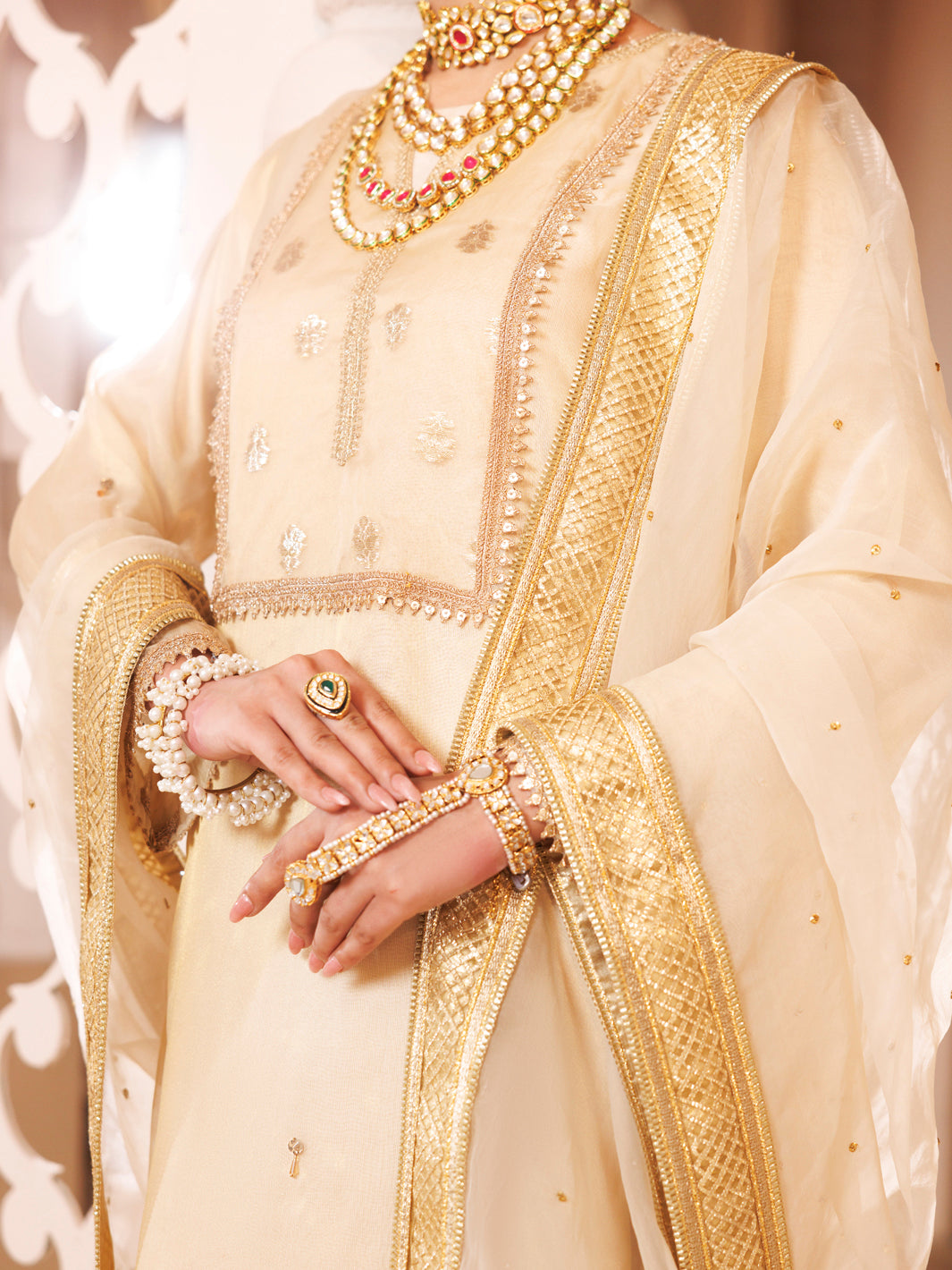 Off White Organza Formal 3Pc Stitched - AL-3PS-LS-487