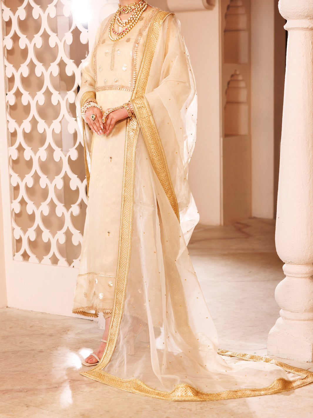 Off White Organza Formal 3Pc Stitched - AL-3PS-LS-487