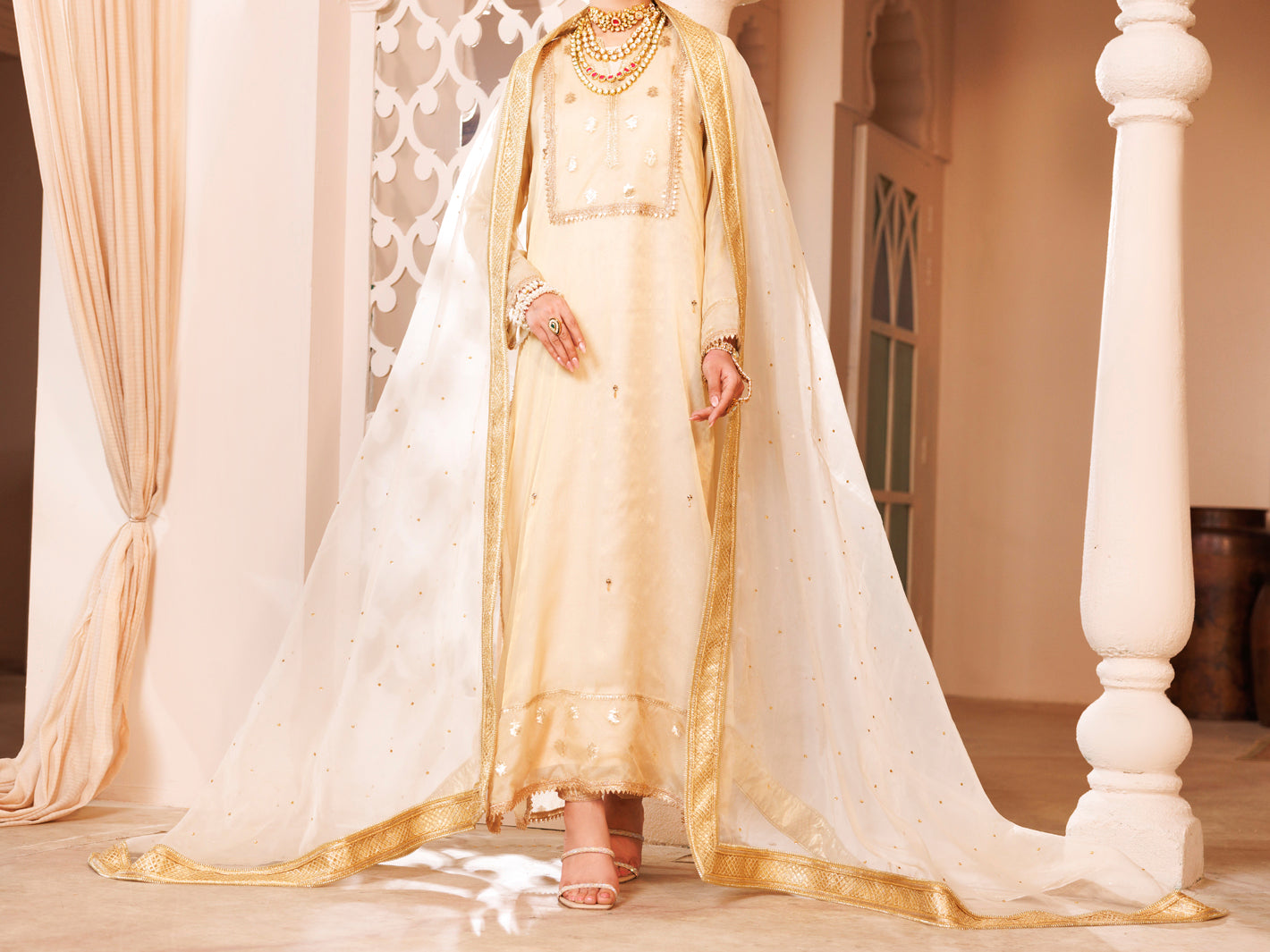 Off White Organza Formal 3Pc Stitched - AL-3PS-LS-487