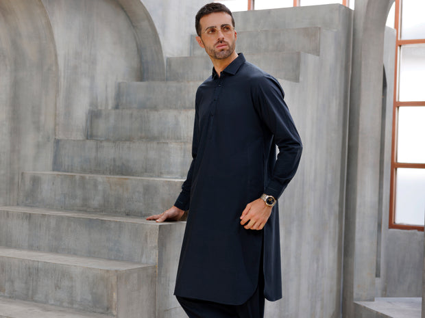 Charcoal Grey Cotton Kameez Shalwar - ALWA-KS-487