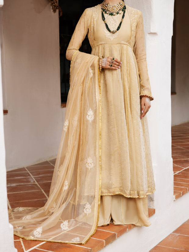 Gold Mesuri Net Formal 3 Piece Stitched - AL-3PS-LS-491