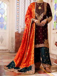 Maroon Velvet Formal 3Pc Unstitched - AL-3PS-LS-UN-493