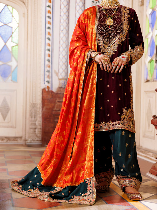 Maroon Velvet Formal 3Pc Stitched - AL-3PS-LS-493