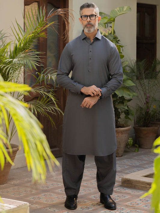 Steel Grey Blended Kameez Shalwar - ALWA-KS-495