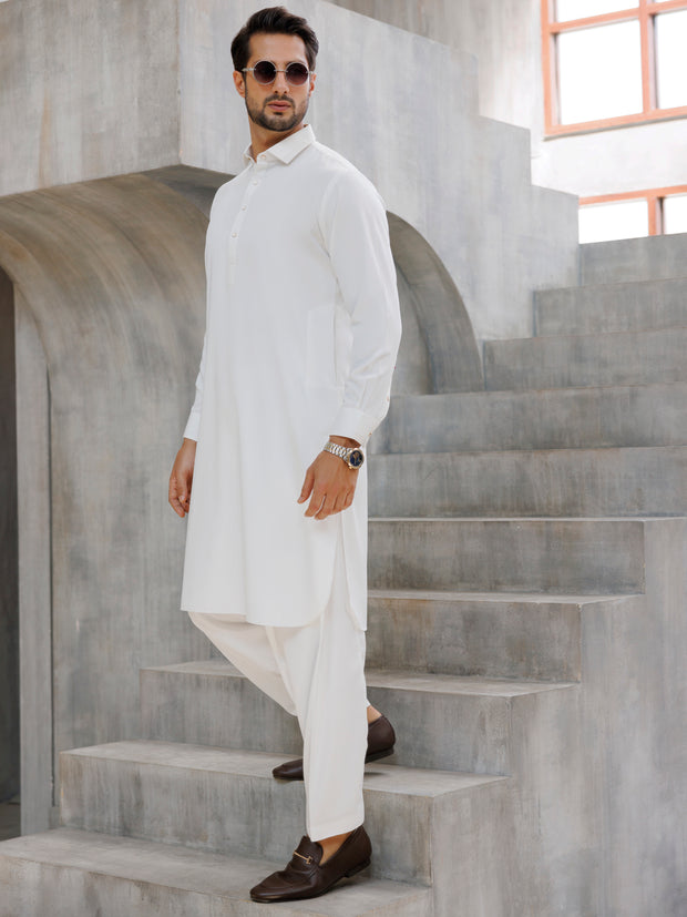 White Blended Kameez Shalwar - ALWA-KS-496