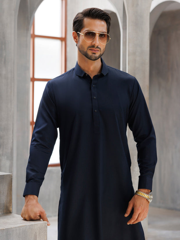 Navy Blue Blended Kameez Shalwar - ALWA-KS-497