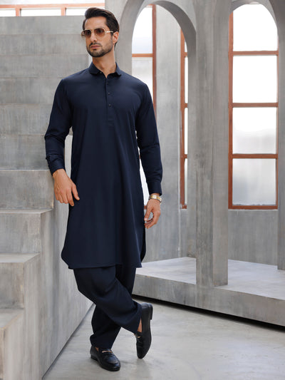 Navy Blue Blended Kameez Shalwar - ALWA-KS-497A