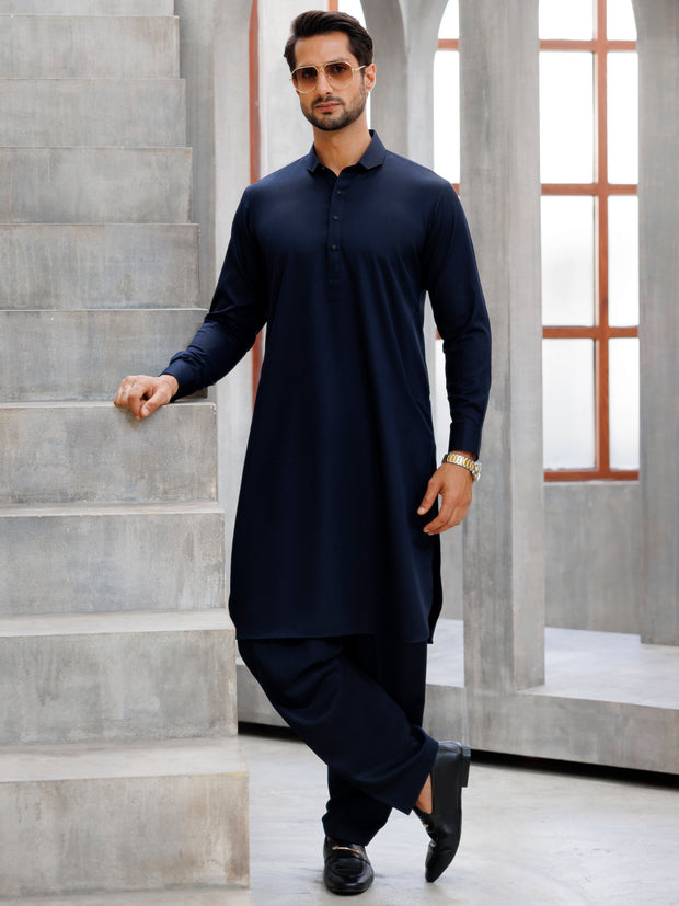 Navy Blue Blended Kameez Shalwar - ALWA-KS-497